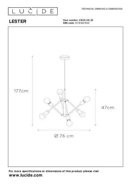 Lucide LESTER - Suspension - 6xE27 - Noir - TECHNISCH